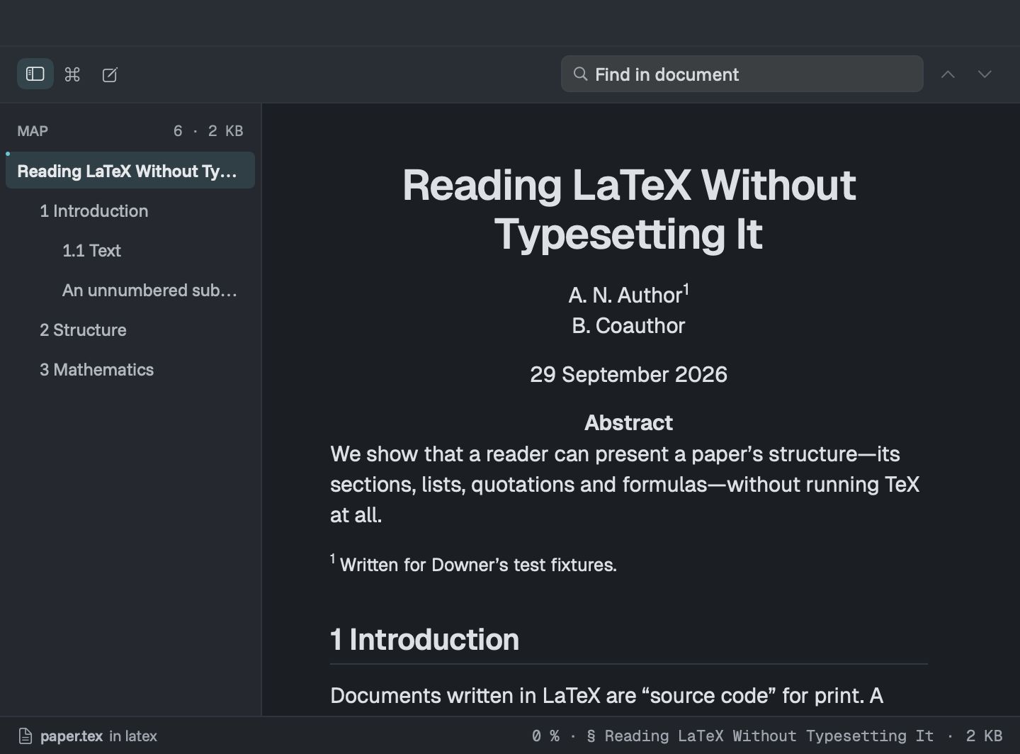 A LaTeX paper opened in Downer with its sections listed in the sidebar